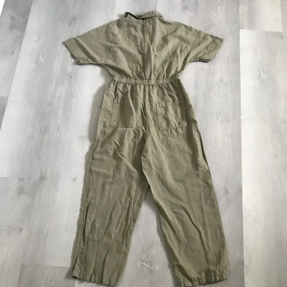 ZARA WOMENS JUMPSUIT GREEN LINEN SHORT SLEEVE WIDE LEG CASUAL SMALL